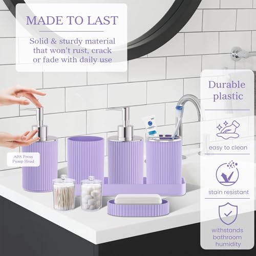 Purple Bathroom Accessories Set - Bathroom Sets, 25PC Bath Accessory Set, Bathroom Sets with Push Top Trash Can, Shower Curtain and Rugs, Toilet Brush, Trash Can & Soap Dispenser - color: Purple & Silver, size: 25-Piece Set (Accessories + Shower Curtain +