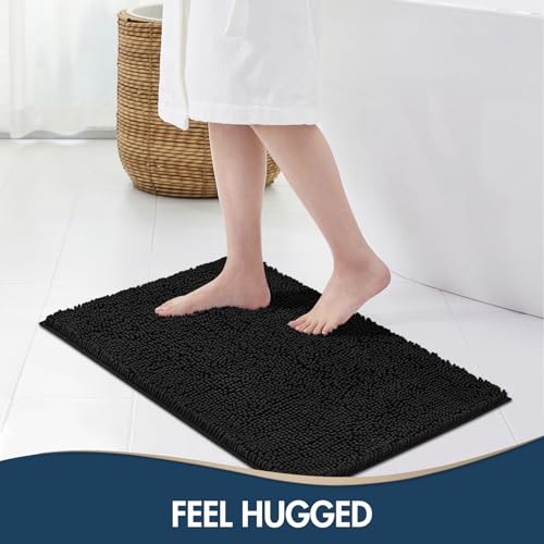 TREETONE Bathroom Rugs Sets, Thick Soft Absorbent 3 Piece Chenille Bath Rugs, Non-Slip, Dry Quickly, Machine Washable, Shaggy Mats with U-Shaped Toilet Rug for Bathroom Floor, Tub and Shower, Black - color: Black, size: 16"x24"+20"x32"+U Shape 20"x20"