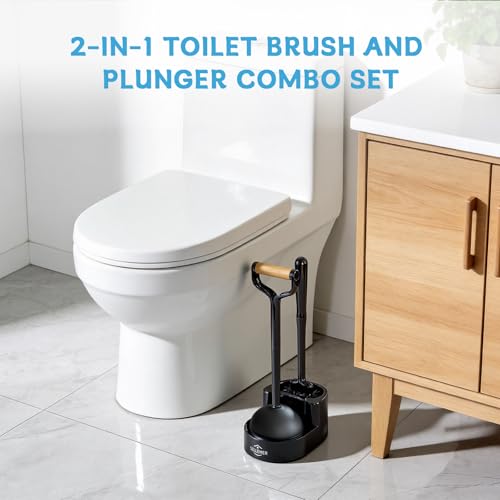Sellemer Toilet Brush and Plunger Set, Curved Head for Deep Cleaning, Black | Brush and Plunger set, Curved Nylon Bristles for Deep Clean, Strong Suction Plunger, Ventilated Holder for Quickly Air Dry - color: Black