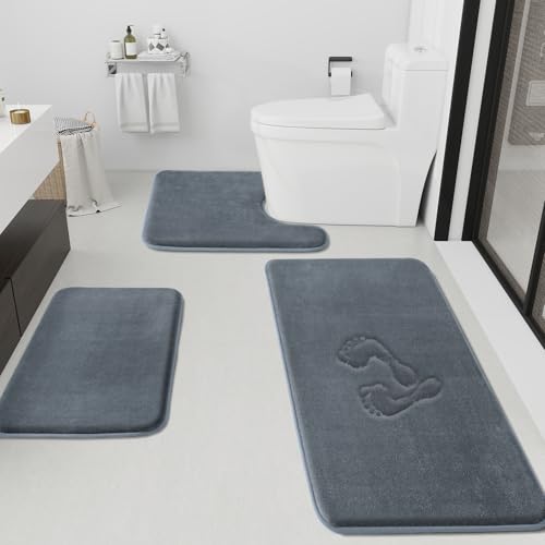 HUXMEYSON Bathroom Rugs Sets 3 Piece, Non-Slip & Quick Dry Bath Mat Set, Ultra Soft Velvet Bath Rugs for Bathroom, Toilet and Shower Floor, Grey - color: Grey, size: 17"x24"+20"x48"+U Shape 20"x24"