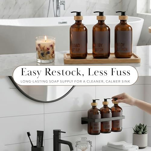SAVVY & SORTED Amber Glass Soap Dispenser with Pump, Body Wash Soap Dispenser, Refillable Hand Soap Bottle for Bathroom, Matching Body Lotion Bottle Available, 17 Fl Oz / 500 ml - color: Amber - Body Wash 500 Ml