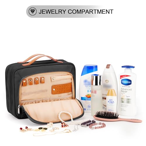 COOSKY Travel Hanging Toiletry Bag for Women, Holds Full-Size Shampoo, with Jewelry Organizer Compartment, Extra Large Makeup Bag, Waterproof Cosmetic Bag, Toiletries Kit Set with Trolley Belt, Black - color: Black, size: Large
