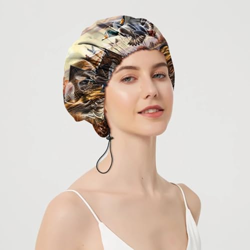 2 PCS Shower Cap Adjustable Reusable Double Waterproof Layer Elastic Hair Bath Cap Cute Aesthetic for Women Girls-Duck Bee - color: I7-Duck Bee