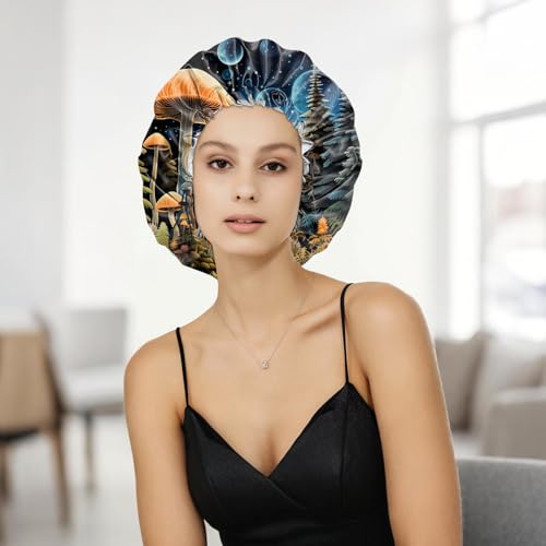 Shower Cap Adjustable Waterproof Double Layer Elastic Reusable Hair Bath Cap Cute Aesthetic for Women Girls-Blue Mushroom - color: R15-Blue Mushroom