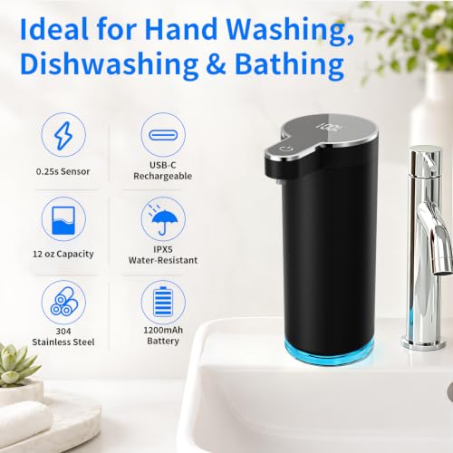 Automatic Foaming Soap Dispenser,Touchless Foam Soap Dispenser,12oz Rechargeabled Wall Mounted Smart for Bathroom and Kitchen Dish Soap,Easy for Toddlers（Black - color: St-01 Foam Black