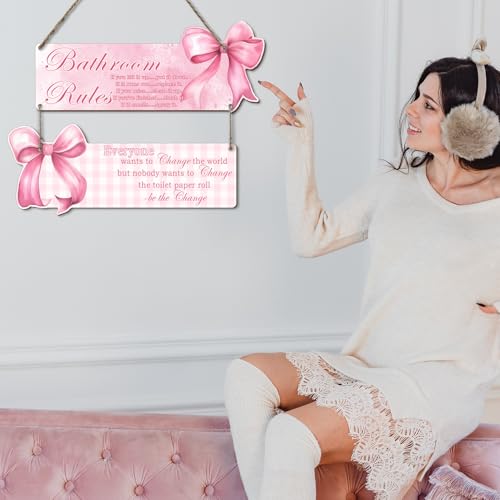 Bow Bathroom Decor, Pink Bow Decor, 2-Piece Set of Fun Bathroom Signs, Suitable for Teen Bedrooms and Teen Girls Bedrooms, Rustic Style Wooden Signs, Gifts for Daughters and Besties