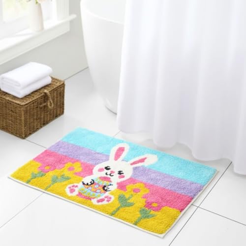 Easter Bunny Bath Mat 20 x 32 Inch, Colorful Tufted Bathroom Rug with Floral and Egg Design, Soft Plush Decorative Floor Mat for Kids Bathroom, Bedroom, Nursery and Entryway - color: Multi Color, size: 1'8" x 2'8" (Rectangular)
