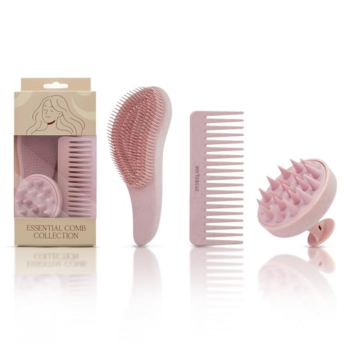 D’Cherlane Essential Comb Collection – Scalp Massager, Detangling Brush & Wide-Tooth Comb Set for All Hair Types | Stimulates Scalp & Reduces Breakage