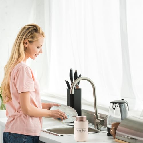 BosilunLife Apricot Soap Dispenser Set - 2 Pack 12oz Ceramic Dish Soap Dispenser with Rust Proof Pump for Kitchen, Hand Soap and Lotion Set Suitable for Farmhouse Bathroom Decor with Waterproof Labels - color: Apricot-liquid Pump