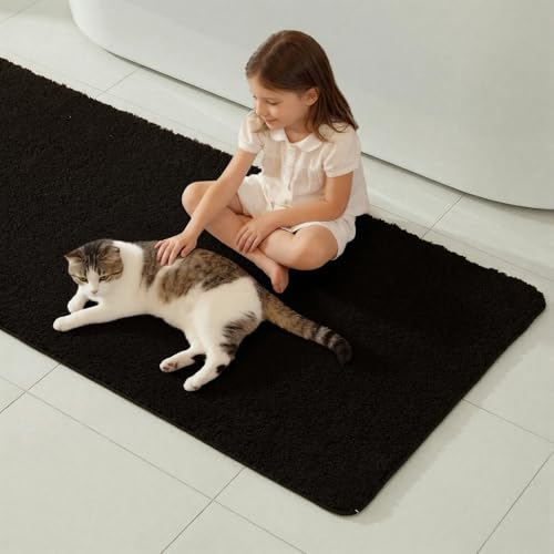 TYUU Bathroom Runner Rug, Ultra Soft Long Bath Mat Super Absorbent Quick Dry Bathroom Runner Rugs 24 x 72 Non Slip Washable, Black 24" x 72" - color: Black, size: 24" x 72"