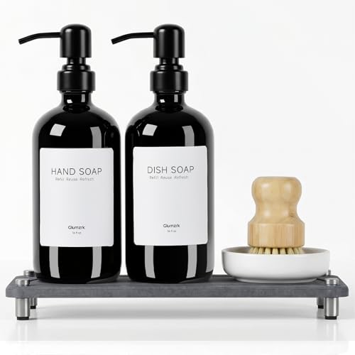 2 Pack Kitchen Soap Dispenser Set - 16oz Black Glass Dish and Hand Soap Dispenser with Stainless Steel Pump, Instant Dry Tray, Dish Brush & Holder, Refillable Countertop Sink Decor for Kitchen & Bath - color: Black