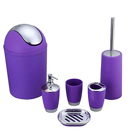 Bathroom Accessories Set 6 Pieces Plastic Bathroom Accessories Toothbrush Holder, Rinse Cup, Soap Dish, Hand Sanitizer Bottle, Waste Bin, Toilet Brush with Holder(6 Colors) (Purple)