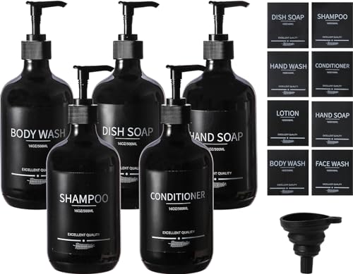 (5Pack) Black Shower Bottles Refillable with Labels, 16.9oz Reusable Shampoo and Conditioner Bottles,Shampoo Dispenser Bottles - color: Black