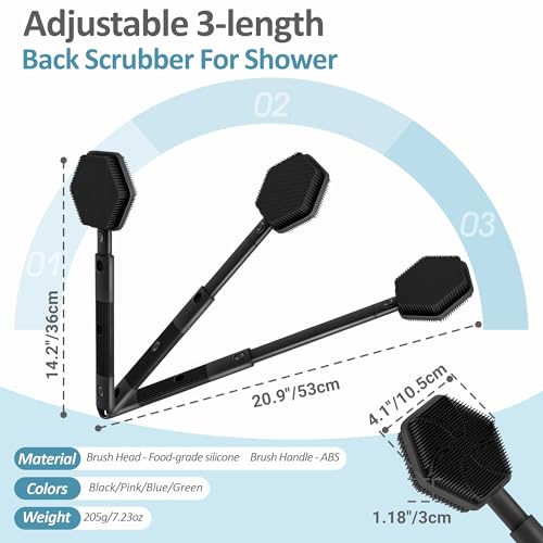 Silicone Back Scrubber for Shower, 16''-21''Extendable Shower Back Scrubber with Dual-Side Large Brush Head, 3-Length Back Brush Bath Brush with Strong Handle & Rich Foaming Bristles(Black) - color: Black