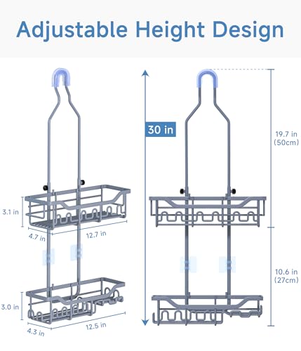 Upgraded Extended Length Shower Caddy Over Showerhead No Blocking to Showerhead, Rustproof Bathroom Organizers and Storage with Hooks Shampoo Soap Holder, Large Hanging Caddy, Grey - color: Grey - 2 Tier - Standard