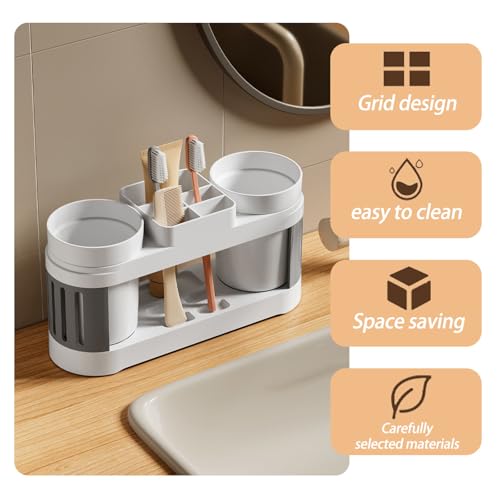 Round Toothbrush Holder Set: Bathroom Vanity Organizer for Toothbrushes & Cups, Suitable for Couples & Kids (Gray White)