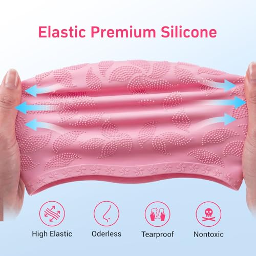 Women Swim Cap 2 Pack for Long Hair, Silicone Flower Adult Swimming Caps Waterproof for Girl Youth No Wet Hair - color: Black & Pink