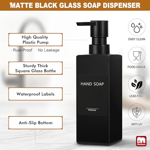 GMISUN Dish Soap Dispenser, 12 fl oz / 350 ml Dual Kitchen Soap Dispensers with Sponge Holder, Customized Matte Black Kitchen Soap Dispenser Set, Modern Hand and Dish Soap Bottle Set Removable - color: Black Bottle + Black Rack