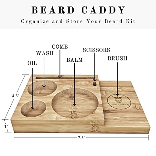 Striking Viking Beard Grooming Kit w Caddy - 7-Piece Set, Sandalwood - Softening Sandalwood Beard Oil & Balm - Brush with Mustache Comb & Scissors - Compact Caddy Organizer & Gifts for Men