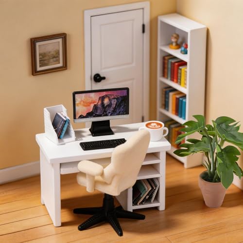 DIYDEC 1:12 Scale Miniatures Office Desk Set 14pcs Dollhouse Office Including Mini Computers Desks Office Chair Keyboard Mouse Folder Books Potted Plants for Tiny Stuff Dollhouse Figurines - color: Dollhouse Office Desk