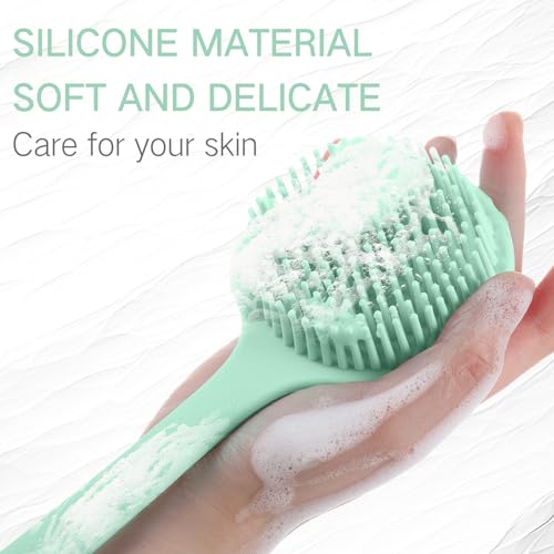 Sunnyray 2 Pack Silicone Back Scrubber for Shower with 15" Long Handle Double-Sided Bath Body Brush for Exfoliating Easy to Clean Quick Dry Deep Cleaning Lathers Well(Nordic Green) - color: Nordic Green