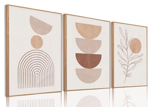 Bwodke Framed Boho Canvas Wall Art Mid Century Modern Prints Set of 3 Neutral Geometric Line Leaf Paintings Decor Minimalist Abstract Pictures Bedroom Living Room Bathroom - color: Boho Beige, size: 12"x16"Natural