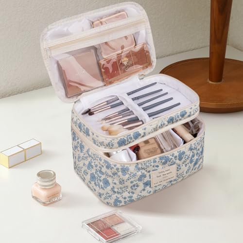 Gosect Makeup bag, Large Cosmetic Bag for Women Girls, Cute Quilted Makeup Bags, Floral Coquette Aesthetic Toiletry Bag, Travel Make Up Organizer Bag (Blue Bow) - color: 020Blue Bow