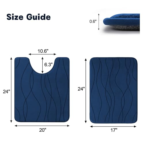 YIHOUSE Bathroom Rugs Set 2 Piece, Memory Foam Bath Mat Navy Blue | U Shaped+Small Mat, Ultra Soft, Absorbent, Non-Slip, Machine Washable, for Bathroom, Sink and Toilet - color: Dark Blue, size: 2' x 1'5" (Rectangular)