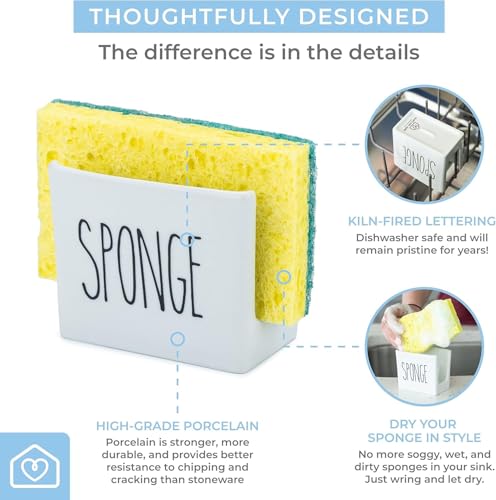 Heartland Home Porcelain Sponge Holder for Kitchen Sink. Compact Sink Caddy Organizer - Scrub Daddy Compatible Dish Sponge Holder. Ceramic Black and White Kitchen Decor and Cute Kitchen Accessories
