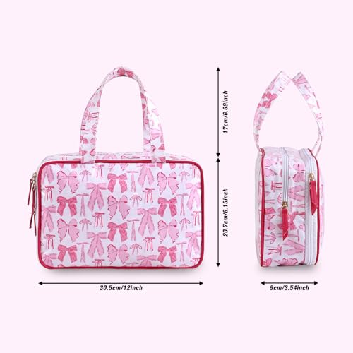 Travel Toiletry Bag for Women, Waterproof Clear Coated Portable Stripe Makeup Cosmetic Bag with Compartment, Travel Organizer for Shampoo, Conditioner, Brushes Set,Cosmetic Accessories(Pink Bow) - color: Pink Bow