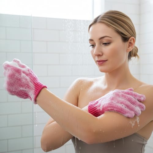 Exfoliating Glove for Shower-Body Exfoliator Scrub Gloves,Shower Gloves for Scrubbing Dead Skin,for Women Men Bath Spa - color: Red 2