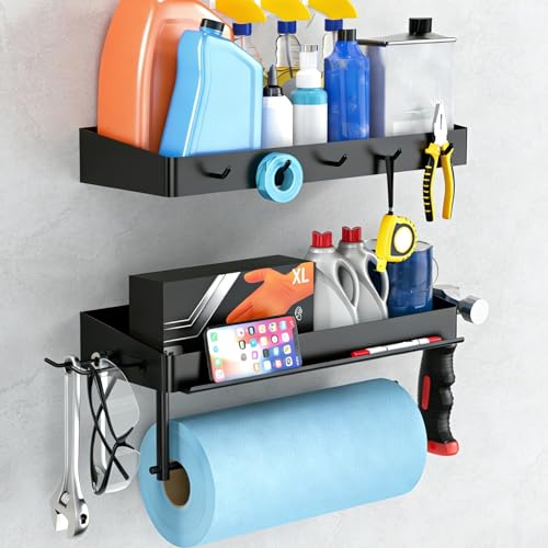 YIGII Heavy Duty Garage Paper Towel Holder with 2 Storage Shelves, Wall Mount Paper Towel Rack with Phone Holder & Hooks, Shop and Tool Room Organizer for Storage - color: Black-2