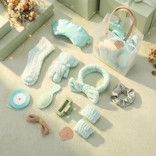 6 Set Spa Gifts Bulk for Women, Sleepover Party Favors Supplies for Bridesmaid Bridal Shower Wedding Guests Baby Shower Birthday Gift with Towels Socks Hair Tie Clip Eye Masks(Sage Green) - color: Sage Green