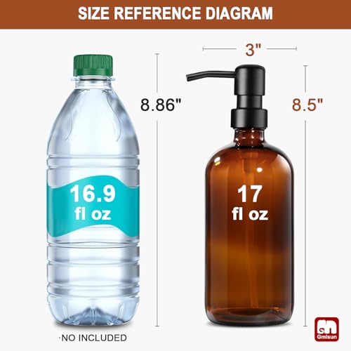 GMISUN Amber Glass Soap Dispenser, 1 Pack Dish Soap Dispensers for Kitchen with Rustproof Stainless Steel Pump, 17 Fl Oz Bathroom Hand Soap Dispenser, Brown Liquid Dishwashing Dispensers Bottle - color: Amber Bottle + Black Pump, size: 1 Pack