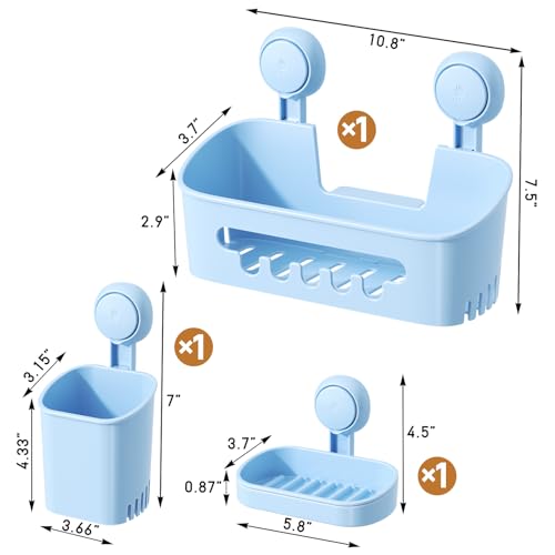 LEVERLOC Shower Caddy Suction Cup Set Shower Organizer & Soap Holder & Toothbrush Holder, Bathroom Shelf Basket NO-Drilling, Removable Suction Storage Waterproof Bathroom Holder, Blue - color: 3 × Blue