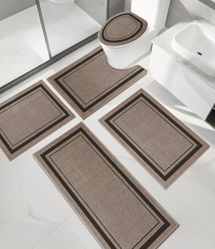 chakme 5 Piece Bathroom Rug Sets, Ultra Thin Bath Mat Quick Dry, Absorbent Non Slip Machine Washable, Dark Beige, 17" x 24" Geometric - color: Beige, size: 5-Piece (17" x 24" / 17" x 30" / 17" x 59")