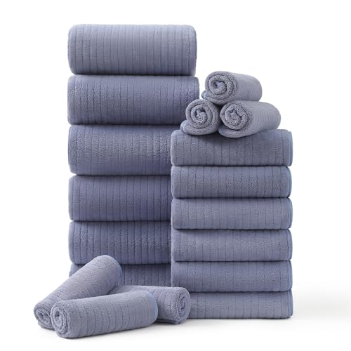 18 Piece Family Bath Towel Set Include 6 Bath Towels,6 Hand Towels and 6 Washcloths Soft Bathroom Towel with Hanging Loops,Highly Absorbent Quick Dry Towels Set for Bathroom,Hotel and Spa-Violet - color: Violet, size: 18-Piece Set