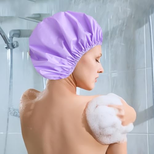 6 PCS Shower Caps for Women, Double Side Waterproof Shower Cap, Reusable Elastic Bath Caps for Shower, EVA Bathing Shower Caps, Bath Hair Caps - Black+Plum+Teal+Red+Lavender+Gray - color: Solid C - (Black+Plum+Teal+Red+Lavender+Gray)