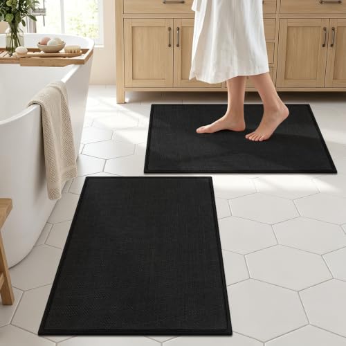 SHACOS Bath Mat Set of 2, Ultra Thin Washable Bathroom Rugs, No Slip Rubber Bath Rugs for Bathroom, Quick Dry Absorbent Bathroom Mat for Shower Outside Floor Toilet Sink (17"x24"+17"x24") - color: Black, size: 17"x24"+17"x24"