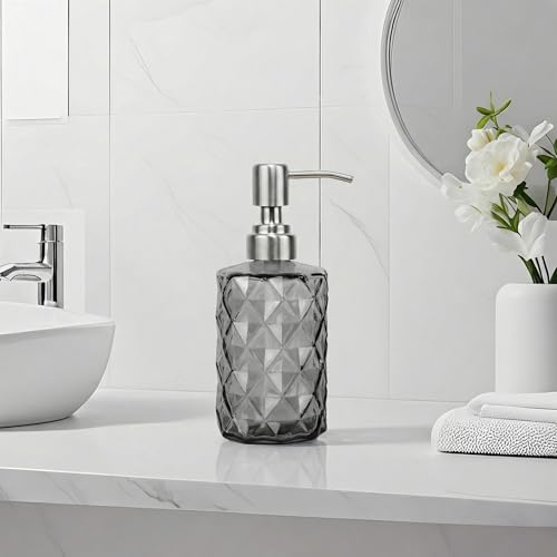 12Oz Gray Glass Soap Dispenser with Stainless Steel Pump, Refillable Kitchen Liquid Hand Soap Dispenser with Diamond Design, for Dispense Hand soap, Dish Soap, Lotion, Bathroom, Countertop, Hotel - color: Diamond Gray