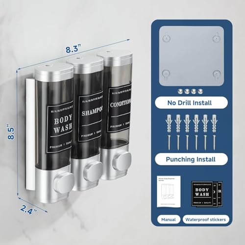 Shampoo and Conditioner Dispenser Shower Dispenser 3 Chamber No Drill Shampoo Dispenser for Shower Wall Mounted Shower Dispenser Body Wash for Bathroom Hotel Large Capacity,Silver - color: Clear Sliver