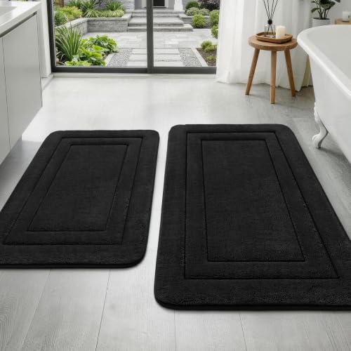 YIHOUSE Bathroom Rugs Sets 2 Piece, Towel-Like Soft Absorbent Thick High Density Memory Foam Bath Mat Set, Non-Slip Machine Washable Bath Rugs for Bathroom, Tub & Shower (32"x20"+24"x17", Black) - color: Black, size: 1'8" x 2'8" (17"x24"+20"x32")