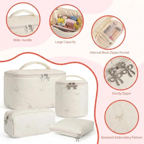 4Pcs Quilted Makeup Bag Set, Cute Bowknot Puffy Makeup Bag Toiletry Bag w/ Bow Zipper Travel Essentials Large Water-Resistant Travel Makeup Bag Versatile Cosmetic Organizer Pouch for Women Girls - color: Beige
