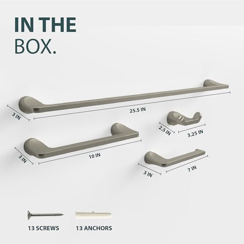 Mega Handles Bathroom Towel Holder Set - 4 Pieces Bathroom Accessories Sets - Heavy Duty Bathroom Accessory Set, 25'' Towel Bar, Robe Hooks & Toilet Paper Holder Wall Mounted - Satin Nickel Bath Suite - color: Satin Nickel