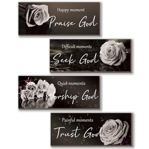 ONIZHITY 4Pcs Religious Wall Art Bible Verse Inspirational Black & White Rose Wall Decor Rustic Christian Sign for Home, Bathroom, Office, Bedroom, Living Room (10x4") - color: White Rose