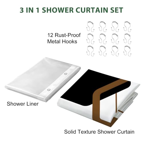 LQCOOL Brown Black Hexagon Shower Curtain and Liner, 3 in 1 Shower Curtain Set with 12 Double Sided Shower Curtain Hooks, Waterproof Fabric Shower Curtains for Bathroom,72" W*72" H - color: Black