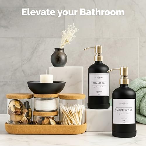 Vine Creations Black Glass Soap Dispenser, 2 Pack Kitchen Soap Dispenser Set with Stainless Steel Pump, 16 oz Dish Soap and Hand Soap Dispensers for Bathroom with Waterproof Labels - color: Matte Black Bottle / Brushed Brass Pump