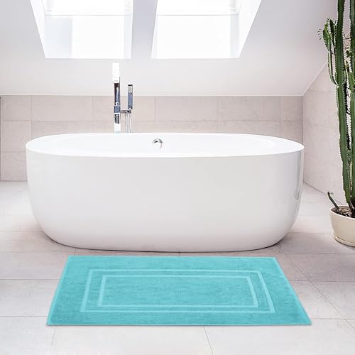 Feather & Stitch 2 Piece Towel Like Bath Mats (30x21 Inch) 100% Cotton Terry Bath Mats, Bathroom Shower Floor Mats [NOT A Bathroom Rug], Soft Absorbent Washable Mats - Aqua - color: Aqua