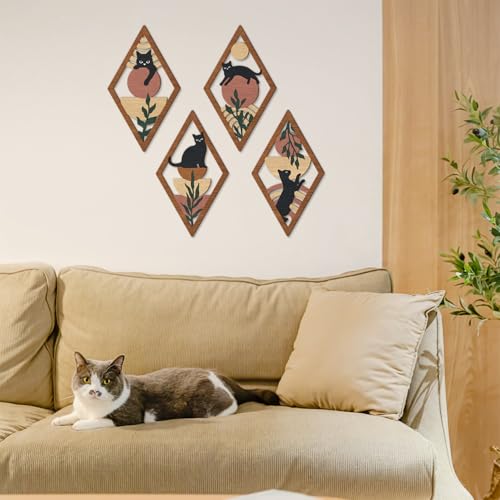 TOARTi 4Pcs Minimalist Boho Black Cat Wall Art Set Geometric Wooden Cat Wall Decor Bohemian Black Cats Hanging Sign Abstract Boho Cats Wood Sign for Bedroom Living Room Farmhouse Aesthetic Geometric Artwork - color: Boho Black Cat Wall Art