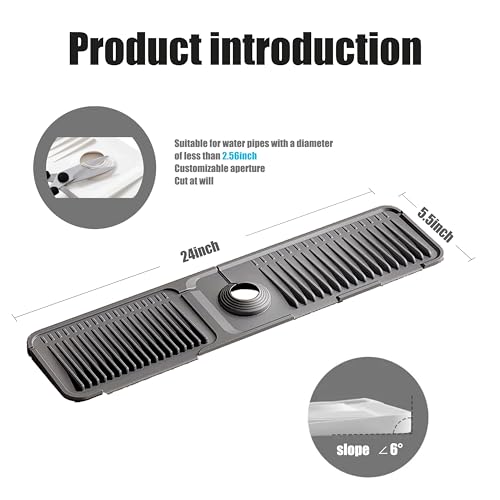 STARGAZ Silicone Faucet Mat for Kitchen Sink,Faucet Draining Mat,Sink Back Splash Guard,Kitchen Rubber Mat,Bathroom Sink Faucet Mat,Soap Dish,Silicone Sink Protector(Grey, 24”×5.5”) - color: Gray, size: 24”×5.5”